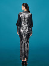 Silver Graphic Sequin Ballon Sleeve Prom Dress